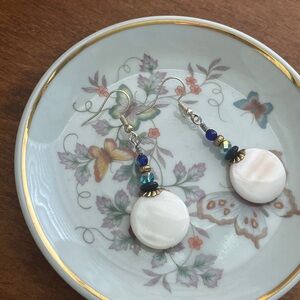 Blue and Gold beaded Handmade earrings with mother of pearl womens dangle drop